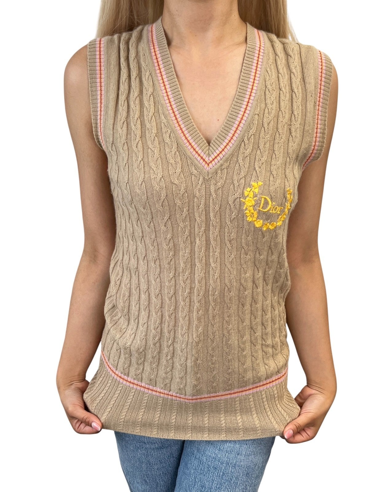 Christian Dior Vintage Logo Knit Top Vest Sweater #38 Sleeveless Beige 902083