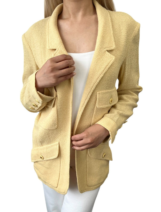 CHANEL Vintage 1994 CC Logo Tweed Collared Jacket #34 Yellow Gold Button Wool