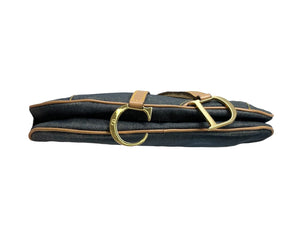 Christian Dior Vintage Double Saddle Bag Denim Dark Blue Brown Cotton Rank AB