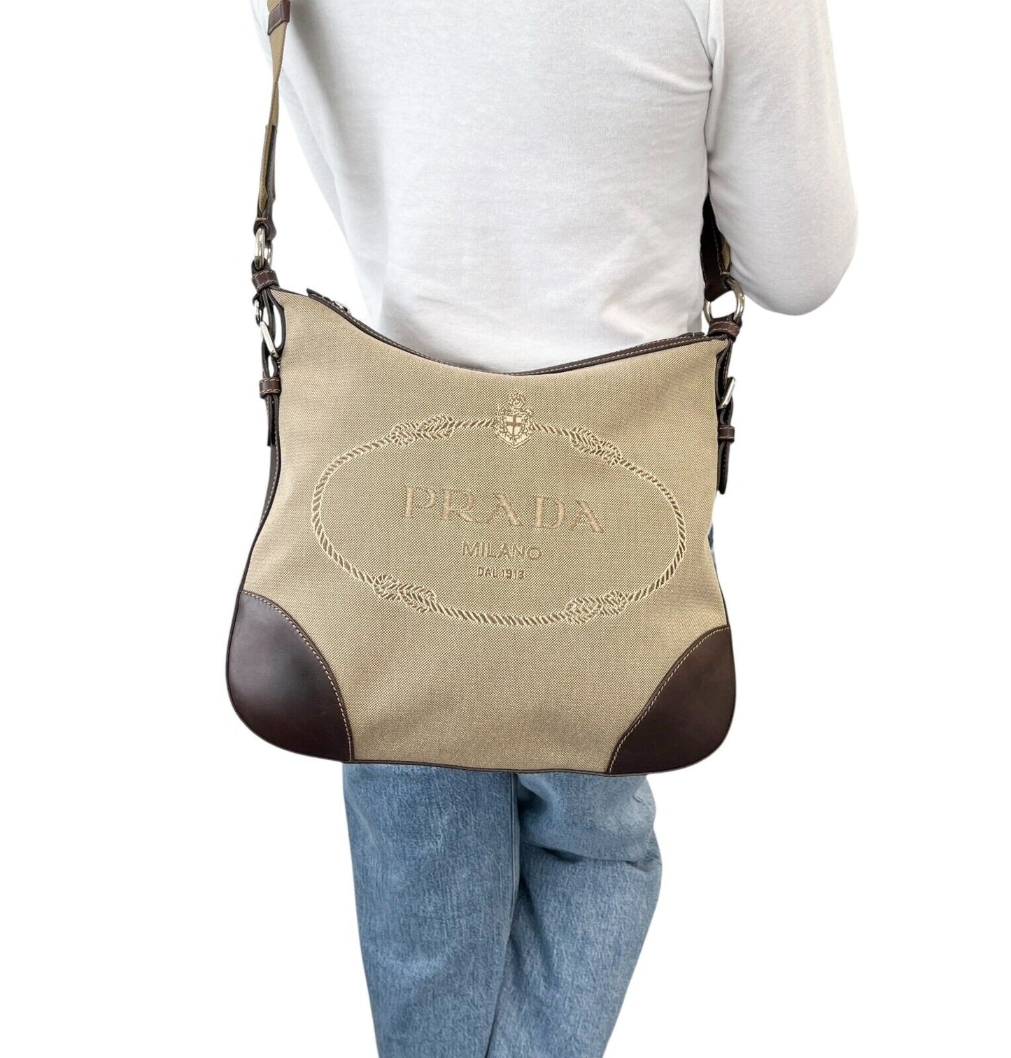 PRADA Vintage Logo Crossbody Shoulder Bag Zip Beige Brown Silver Canvas Leather