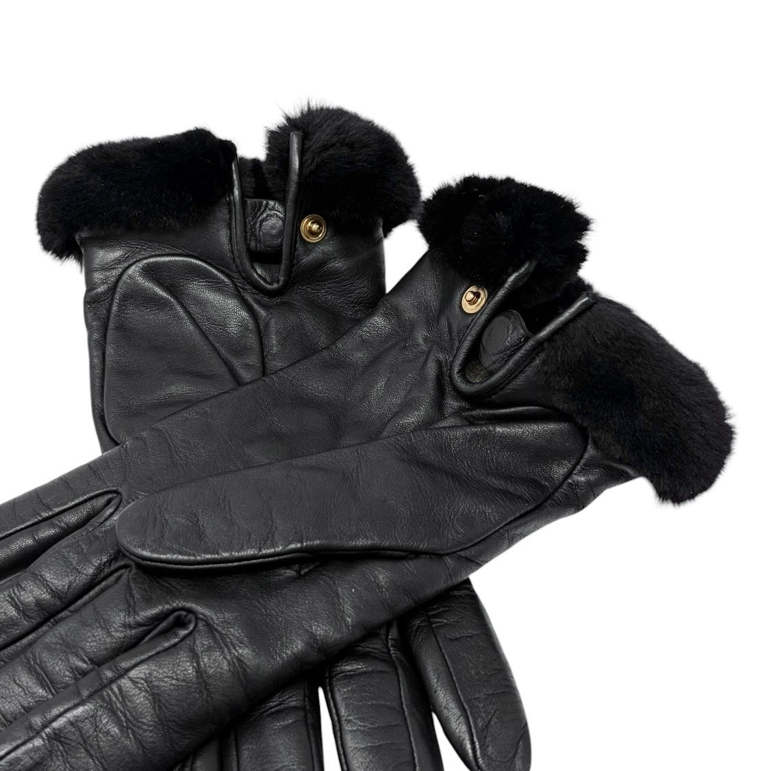 HERMES Vintage Kelly Padlock Cadena Fur Trim Leather Gloves #7.5 Black 902001