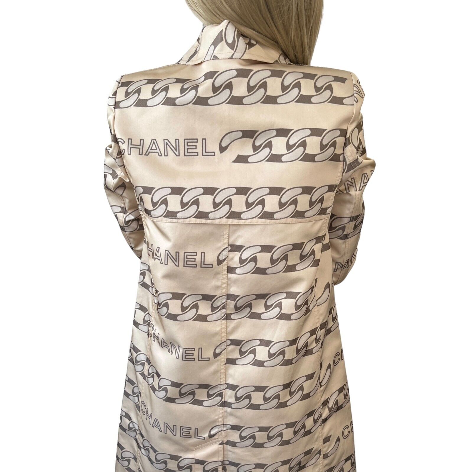 CHANEL Vintage 01A CC Chain Logo Middle Coat #36 Cream Gray Polyester Rank AB