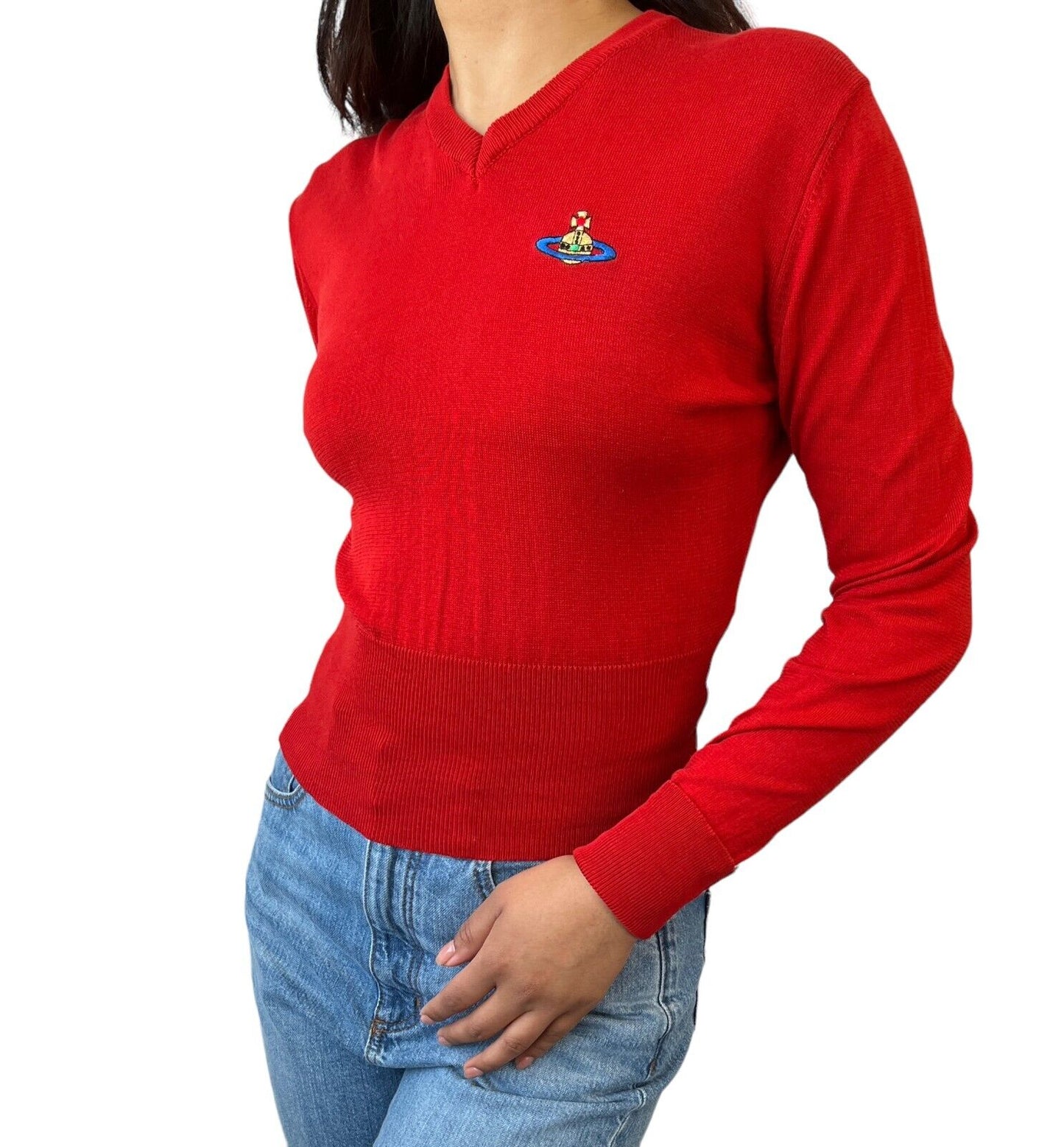 Vivienne Westwood Vintage Orb Logo Cropped Top #M V-neck Red Knit Cotton RankAB