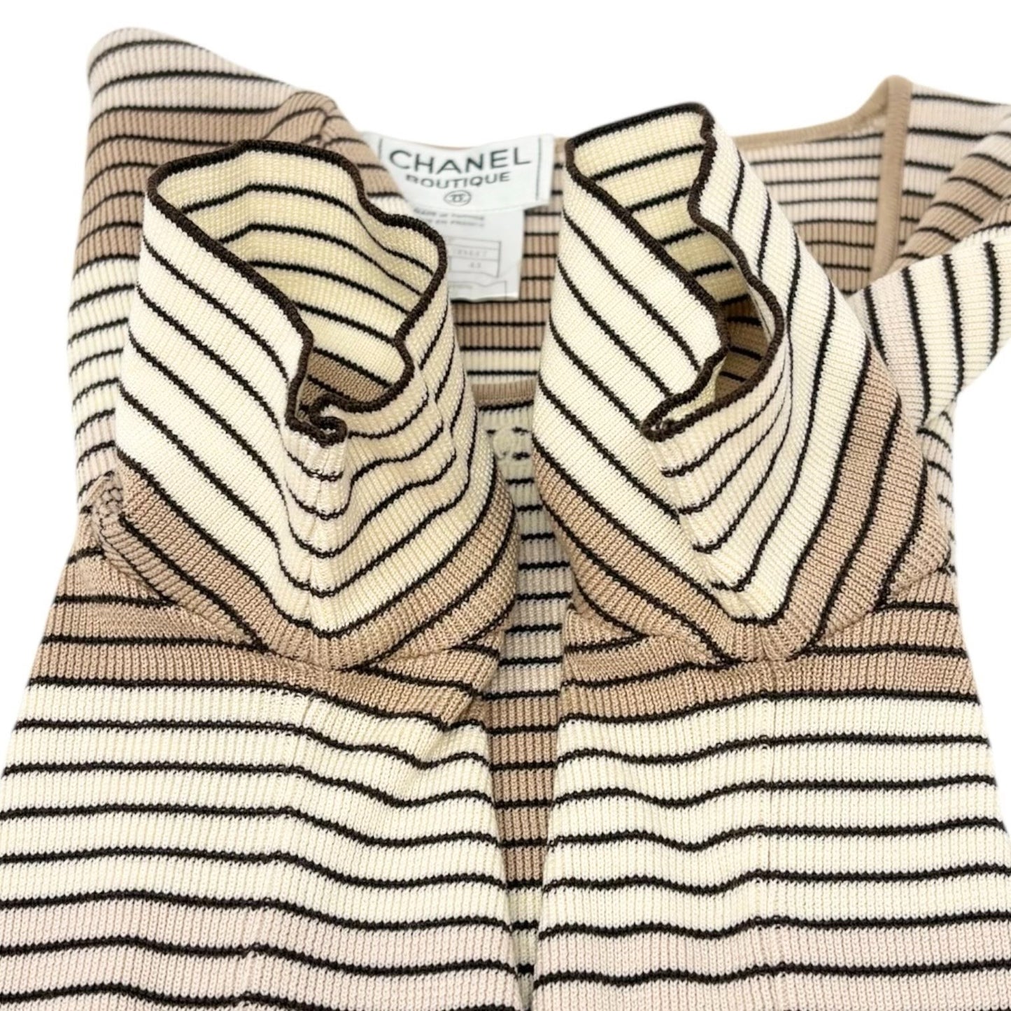 CHANEL Vintage 98P CC Mark Logo Stripe Knit T-shirt Top #44 Beige Brown Pullover