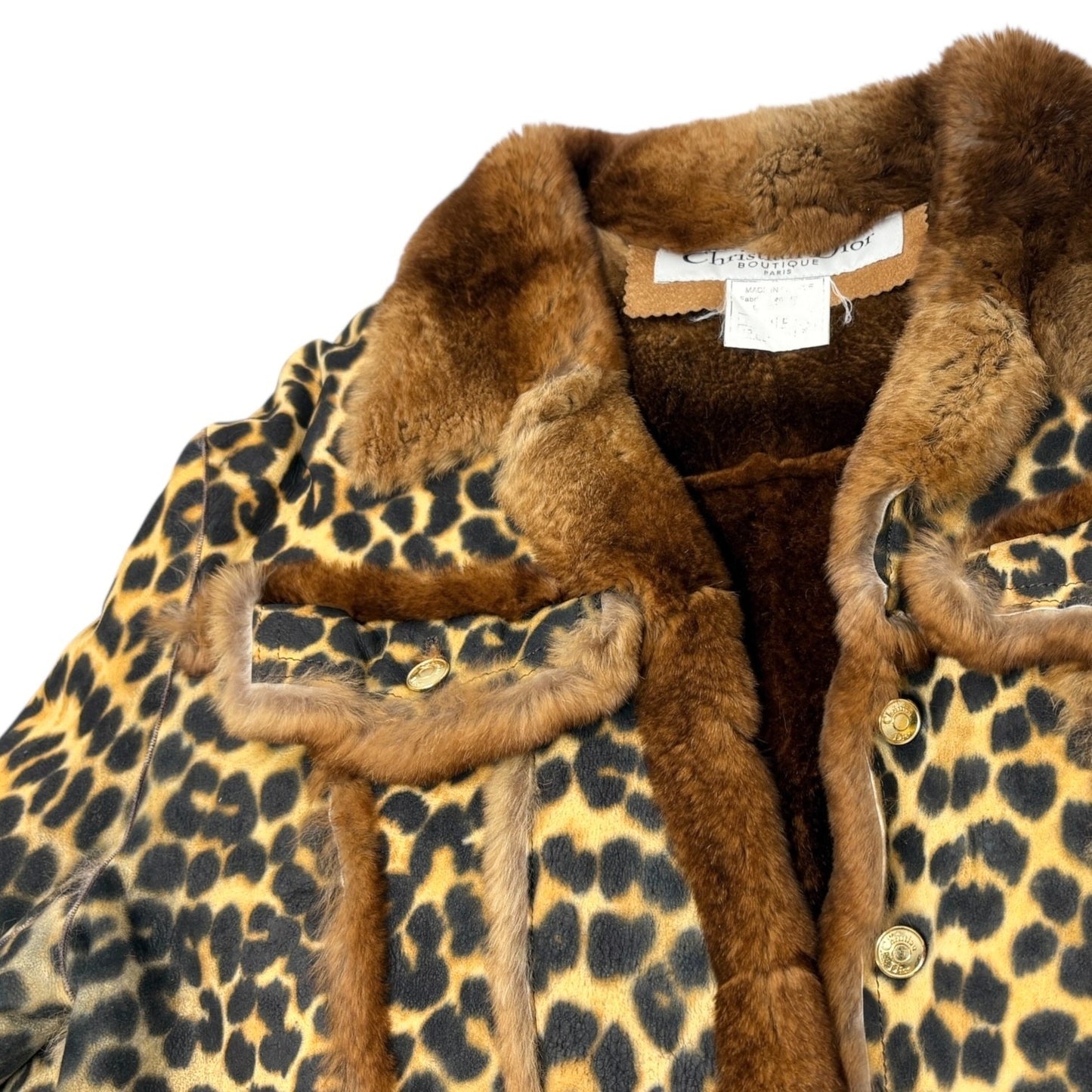 Christian Dior Vintage Leopard Shearling Fur Jacket Top #40 Brown Leather