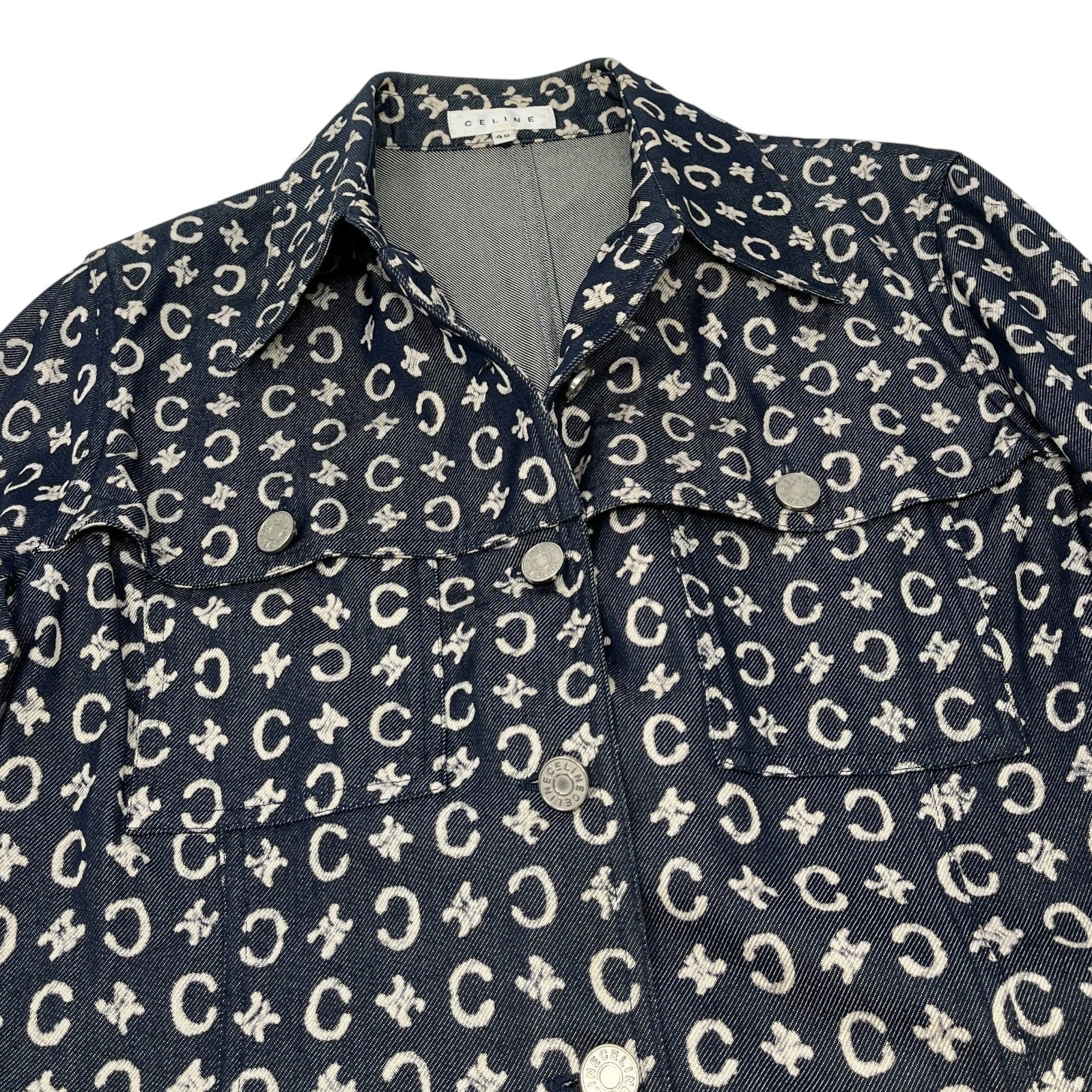 CELINE Vintage 2005 Macadam Monogram Logo Denim Jacket #40 Dark Blue White