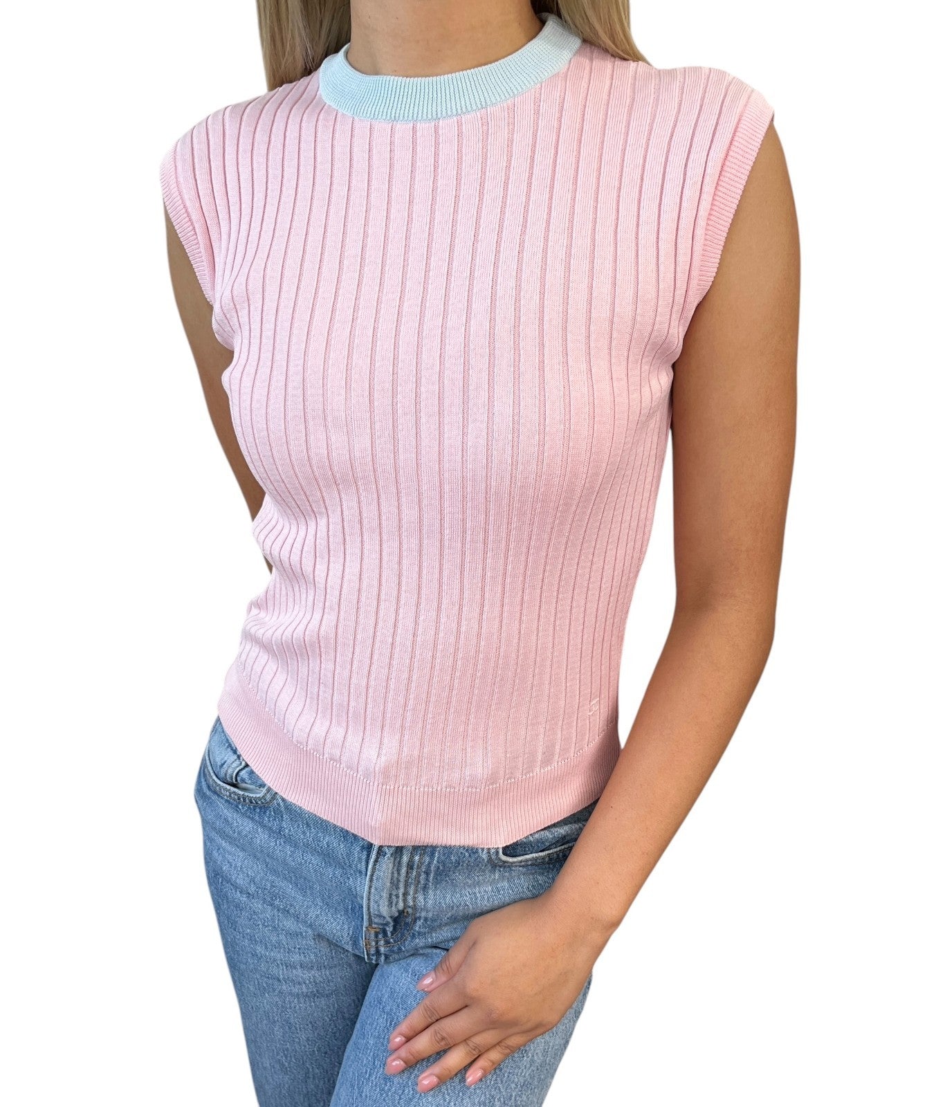 CHANEL Vintage 97P CC Logo Rib Knit Tank Top #40 Pink Blue Cotton Colorblock