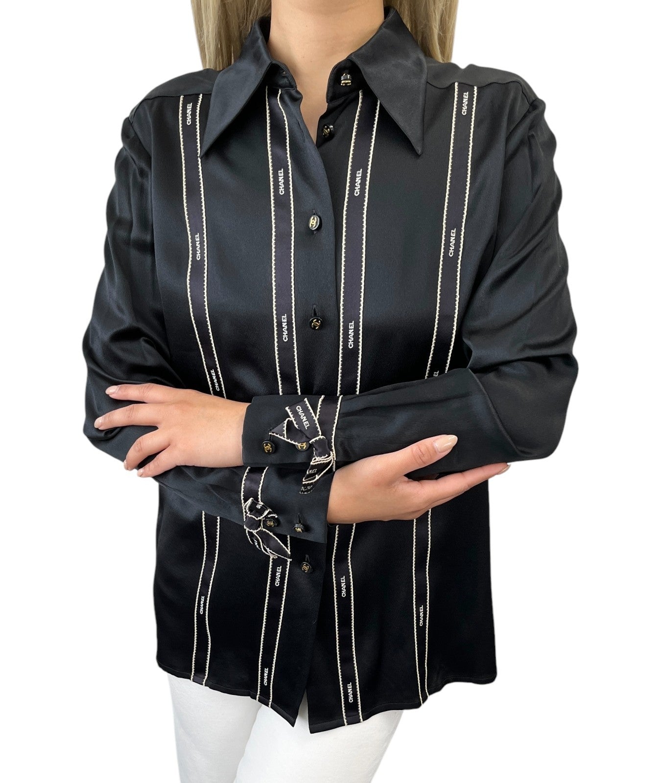 CHANEL Vintage 94A CC Logo Button Up Blouse Silk Shirt #36 Ribbon Black