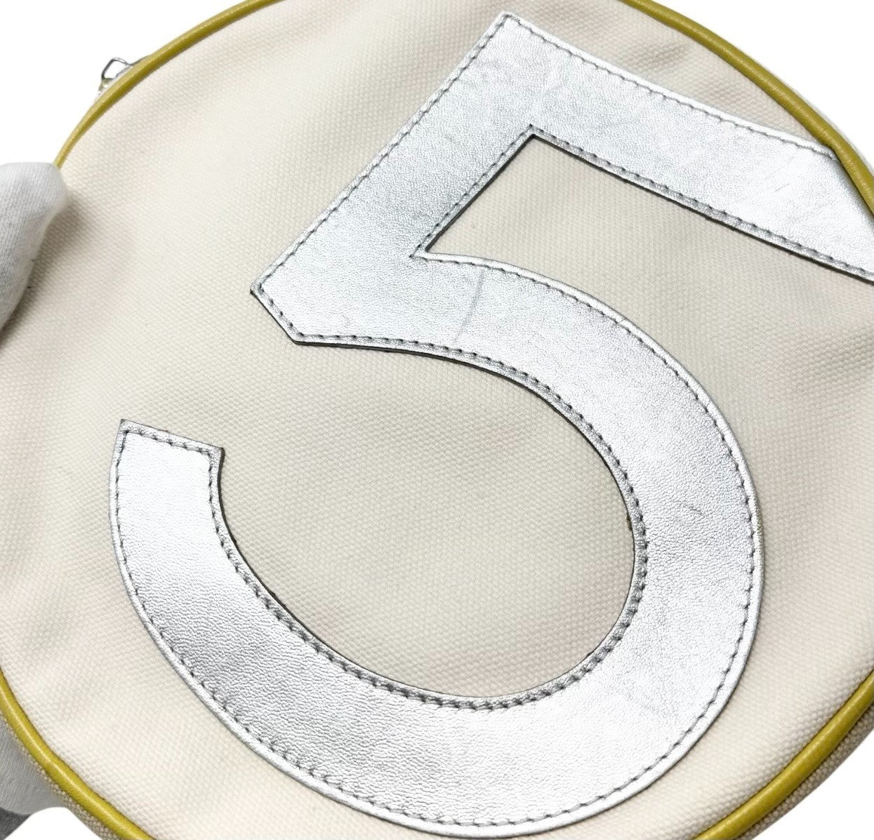 CHANEL Vintage CC Logo No.5 Round Clutch Pouch Bag Yellow Green Silver Cotton