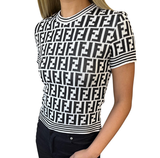 FENDI Vintage Zucca Knit Top T-shirt #40 White Black Monogram Short Sleeve