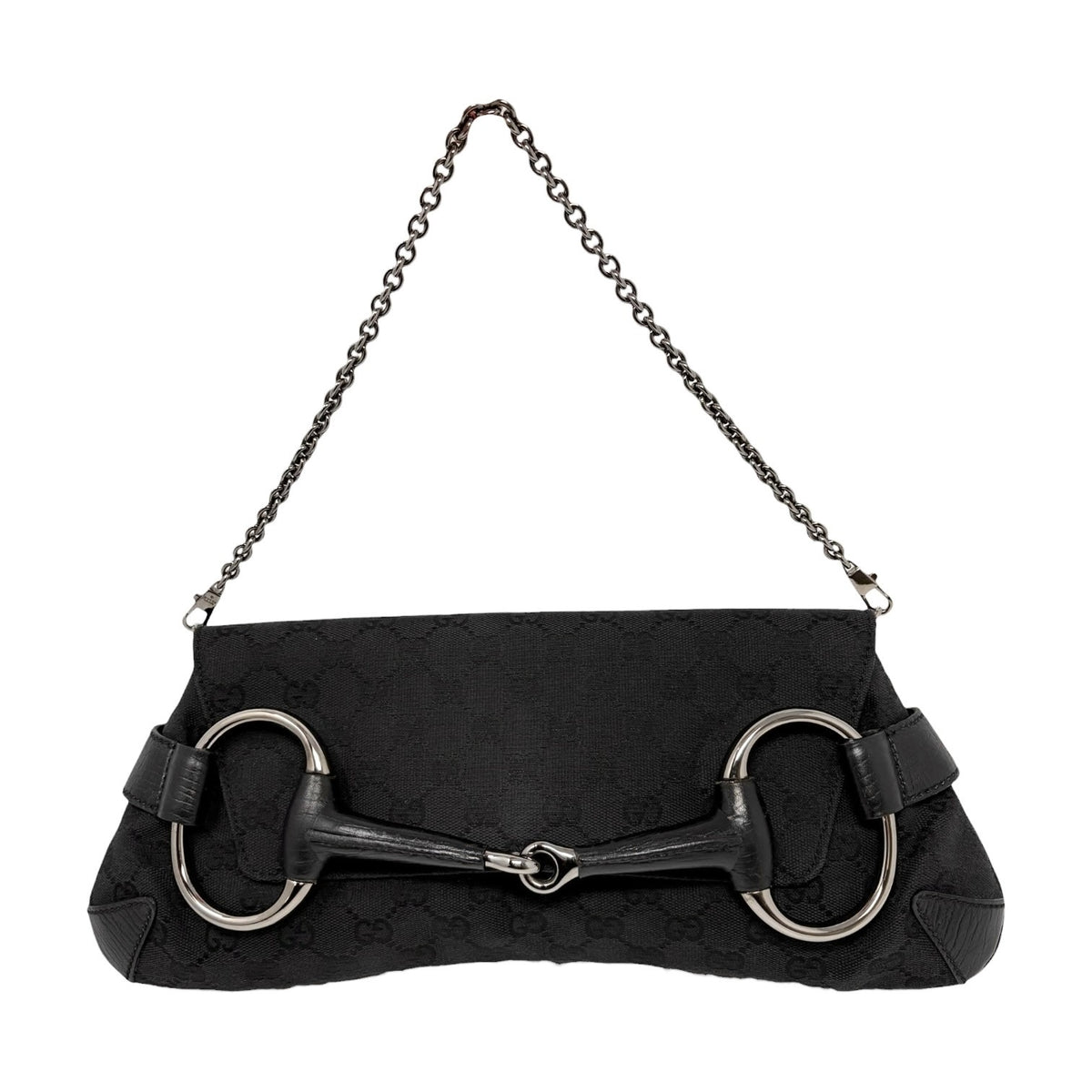 GUCCI Vintage Horsebit GG Monogram Chain Shoulder Bag Black Silver 902485