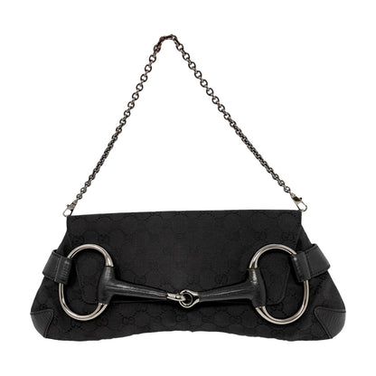 GUCCI Vintage Horsebit GG Monogram Chain Shoulder Bag Black Silver 902485