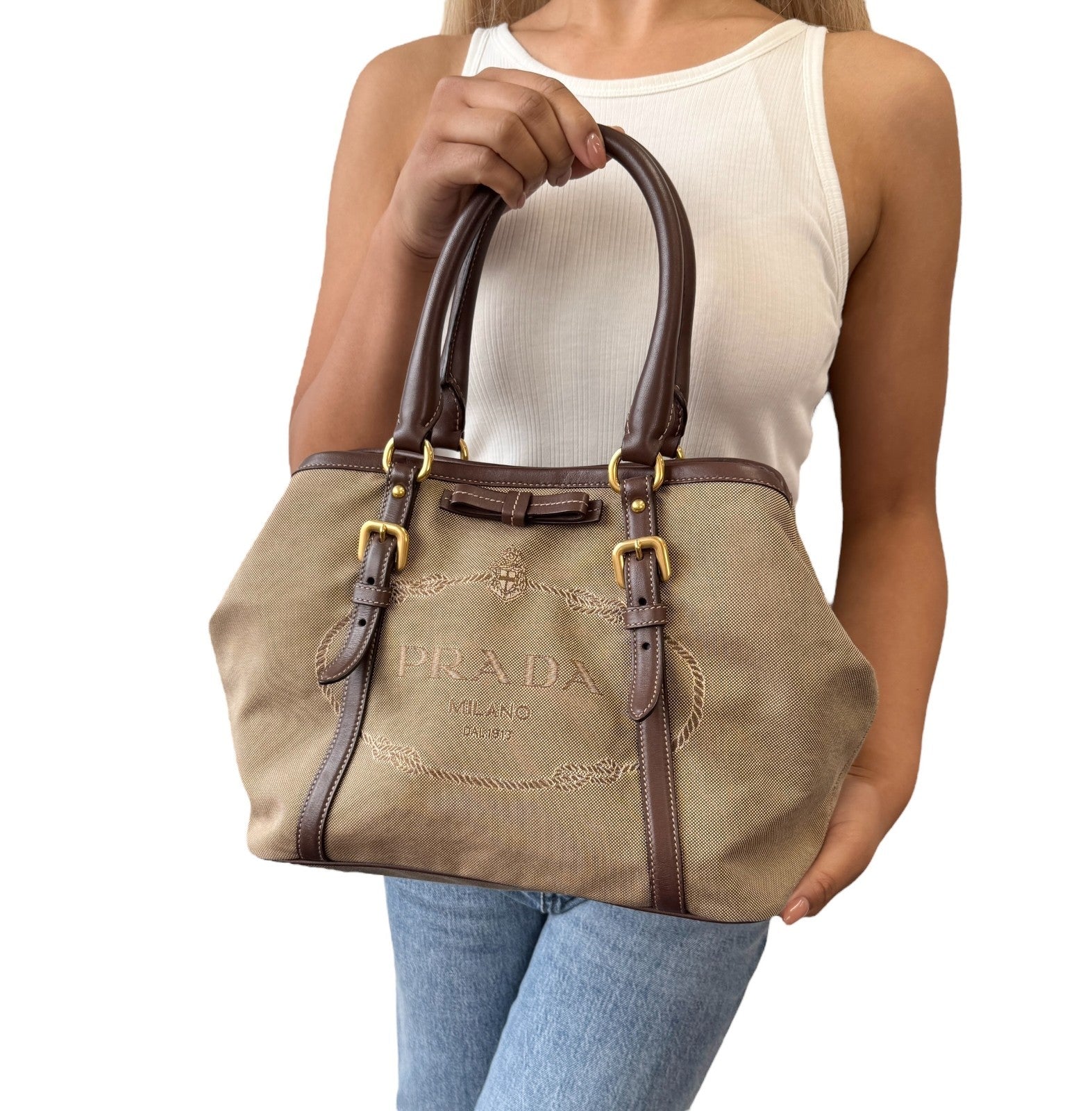 PRADA Vintage Triangle Logo Jacquard Canvas Tote Bag Handbag Khaki Dark Brown