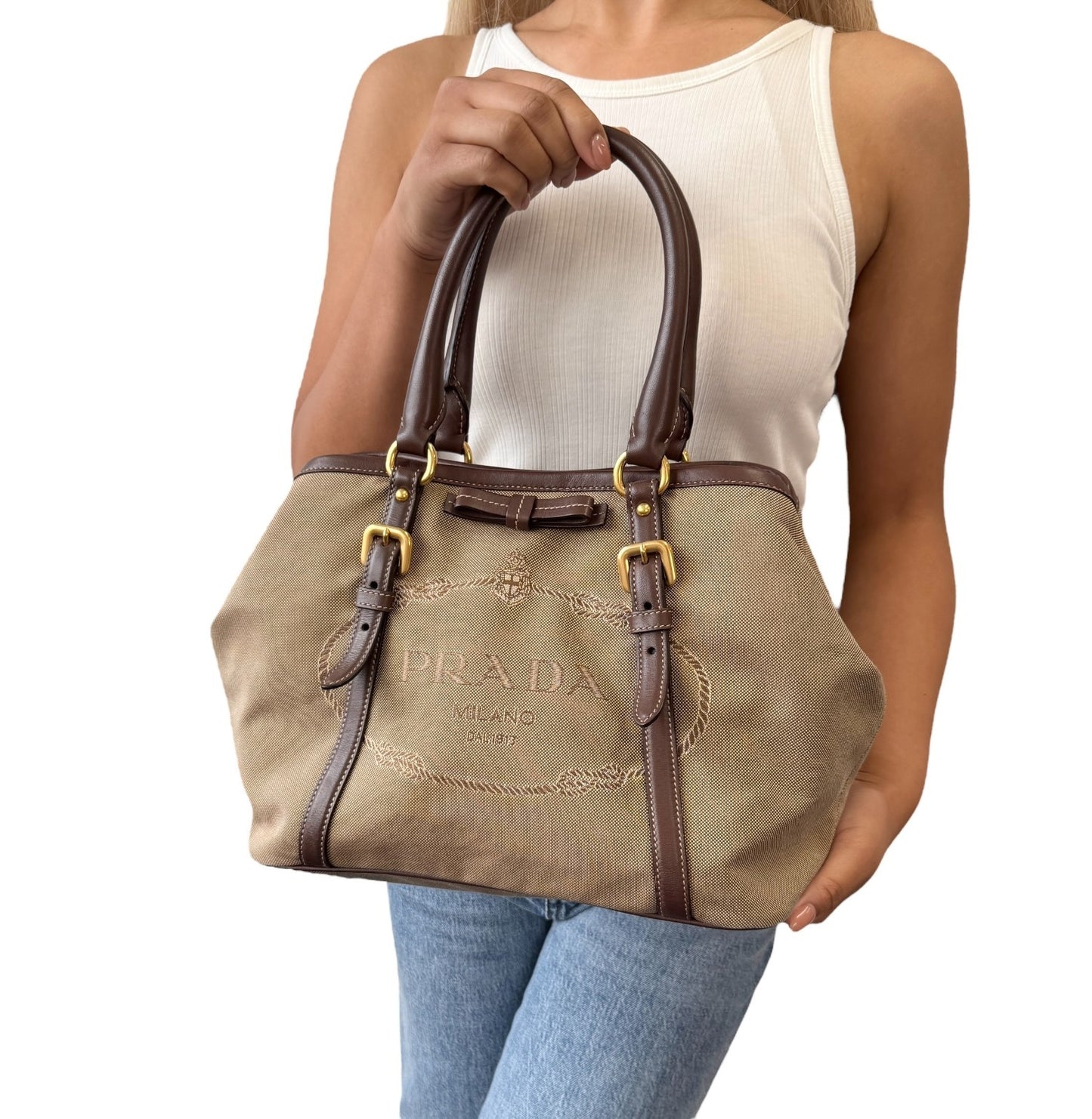 PRADA Vintage Triangle Logo Jacquard Canvas Tote Bag Handbag Khaki Dark Brown