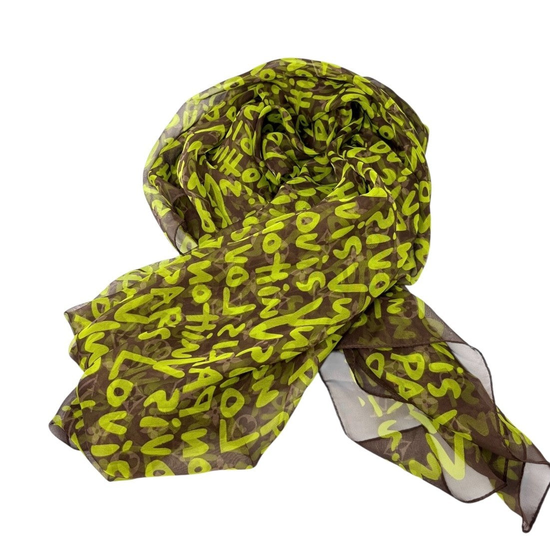 LOUIS VUITTON Vintage LV Monogram Logo Graffiti Scarf Green Brown Silk