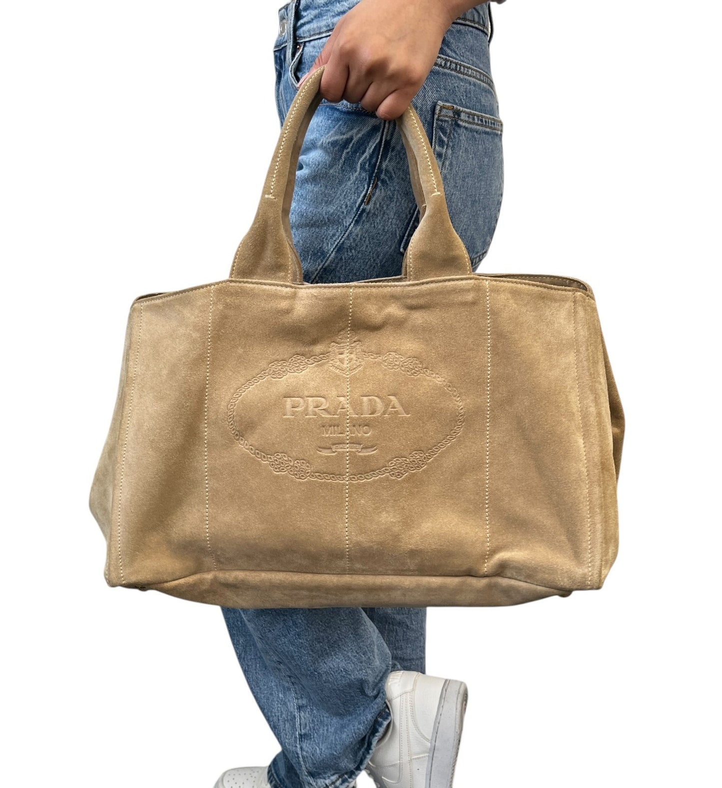 PRADA Vintage Canapa Big Logo Suede Large Tote Bag Beige Gold Stitch Shopper