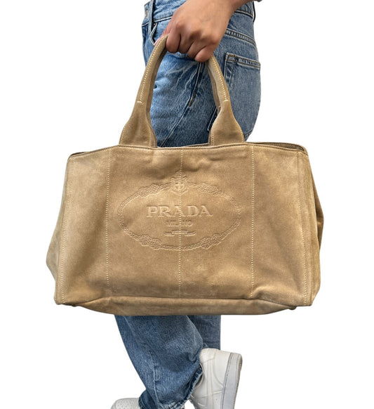 PRADA Vintage Canapa Big Logo Suede Large Tote Bag Beige Gold Stitch Shopper