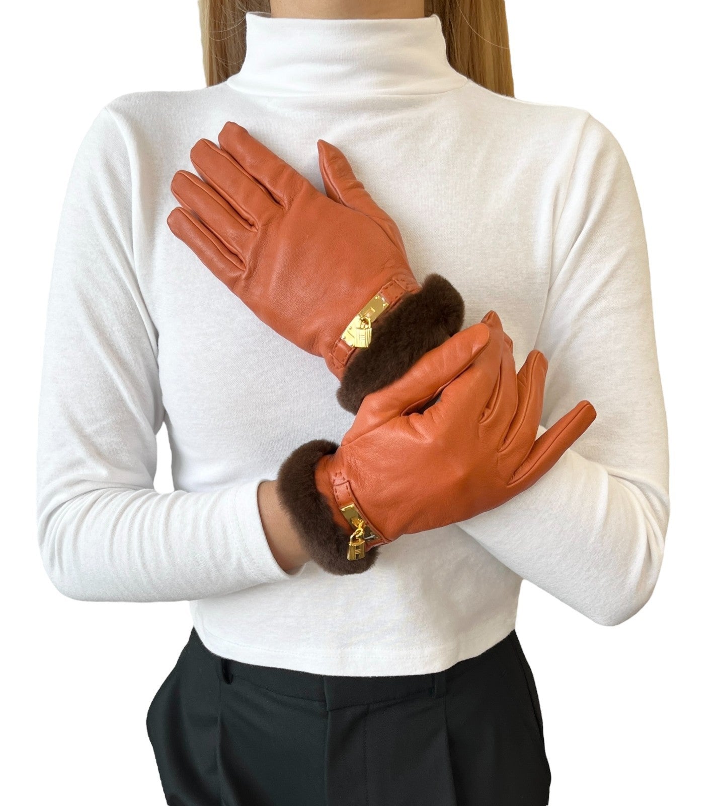 HERMES Vintage H Logo Kelly Gloves Accessory Padlock Charm #7 Orange Leather