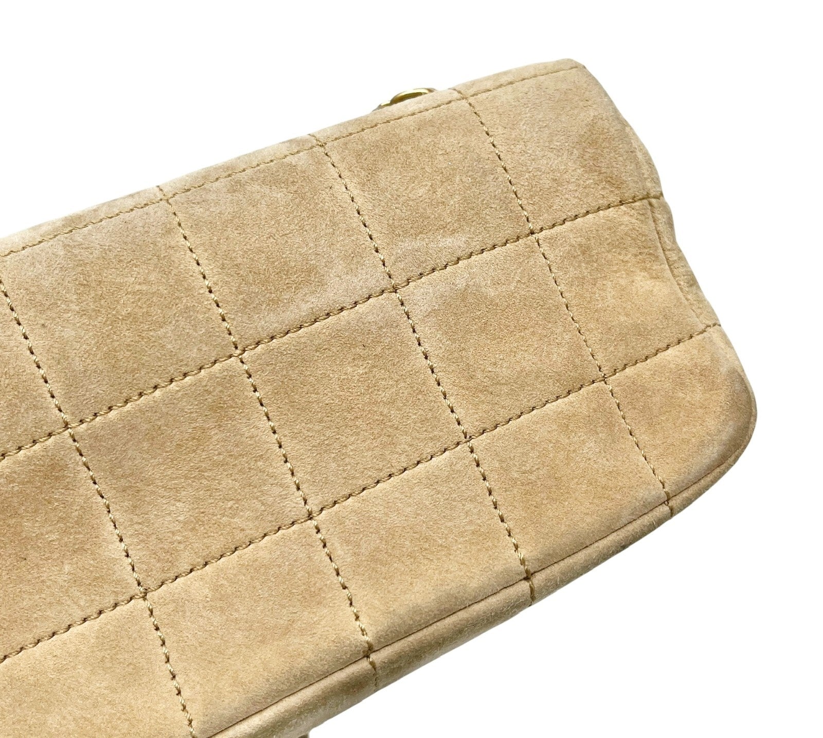 CHANEL Vintage CC Logo Chocolate Bar Crossbody Bag Chain Beige Gold Suede