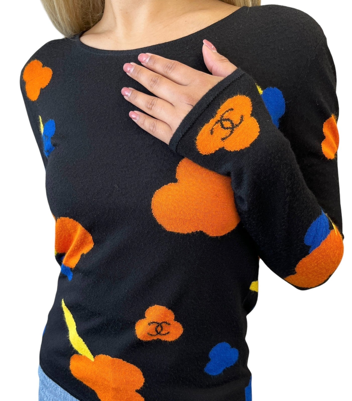 CHANEL Vintage 00T CC Mark Logo Camellia Knit Sweater Top #38 Black Viscose