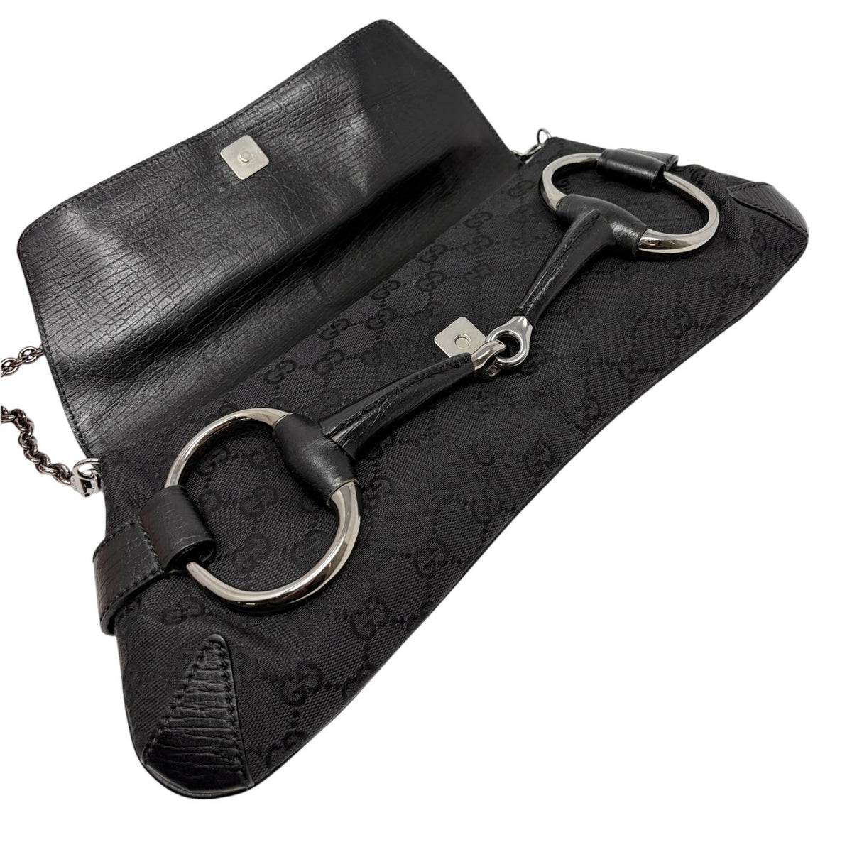 GUCCI Vintage Horsebit GG Monogram Chain Shoulder Bag Black Silver 902485