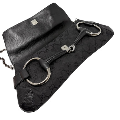 GUCCI Vintage Horsebit GG Monogram Chain Shoulder Bag Black Silver 902485