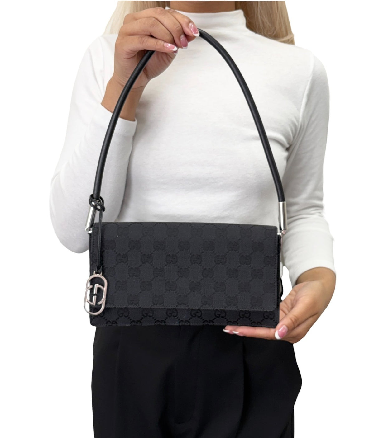 GUCCI Vintage Interlocking GG Monogram Shoulder Bag Black Silver 902467