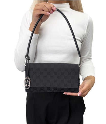 GUCCI Vintage Interlocking GG Monogram Shoulder Bag Black Silver 902467