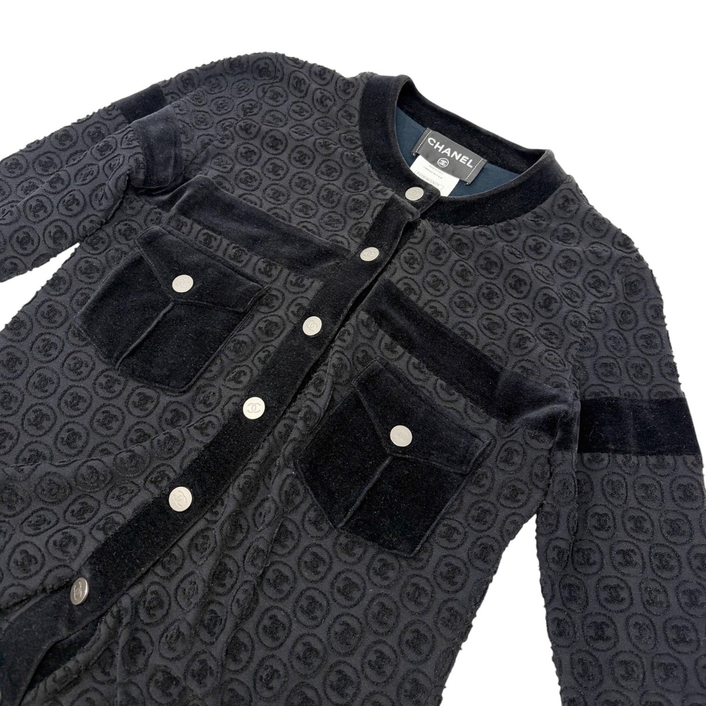 CHANEL Vintage P41364 CC Logo Button Velour Knit Cardigan Jacket #34 Black
