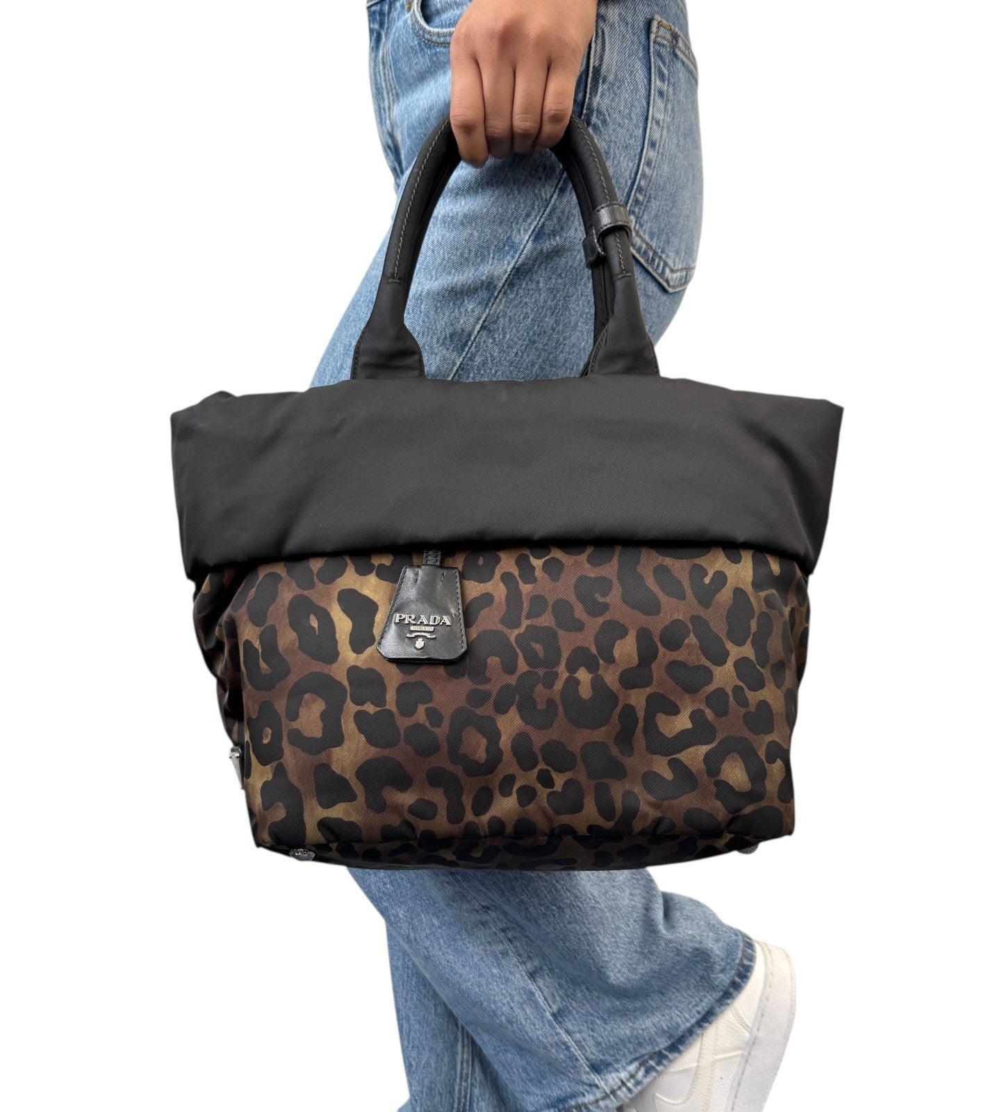 PRADA Vintage Logo Leopard 2way Shoulder Bag Crossbody Black Khaki Zip Nylon