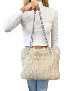 PRADA Vintage Logo Chain Tote Bag Medium Cream Silver Faux Fur Leather Rank AB