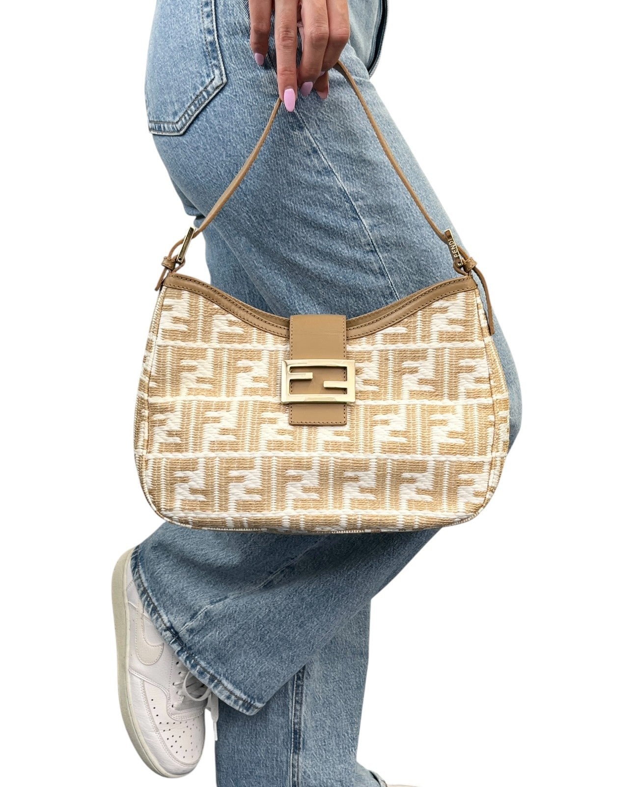 FENDI Vintage FF Logo Zucca Raffia Hobo Shoulder Bag Brown White Leather