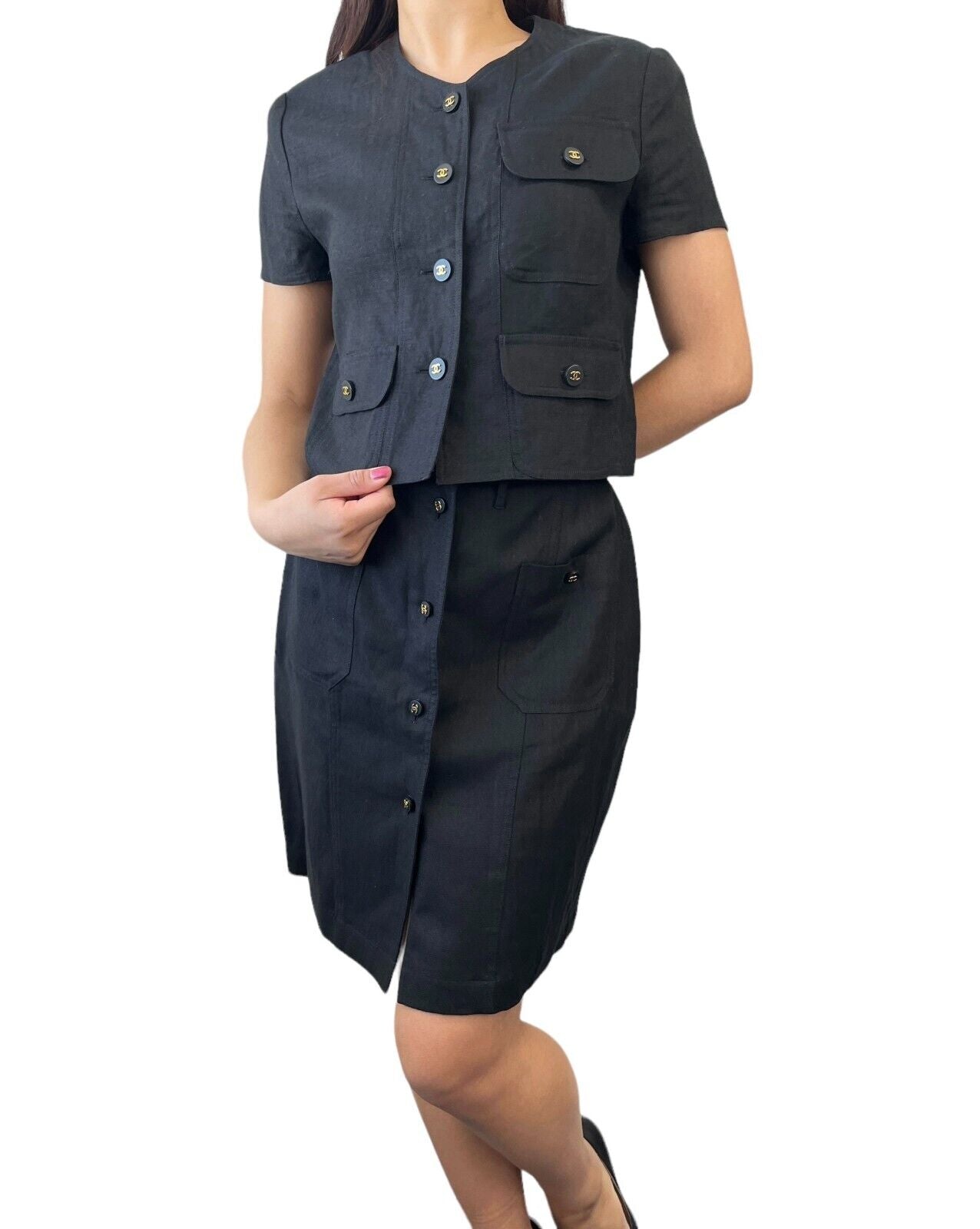 CHANEL Vintage 97P CC Button Linen Shirt Jacket Skirt Set #40 Black Rank AB+