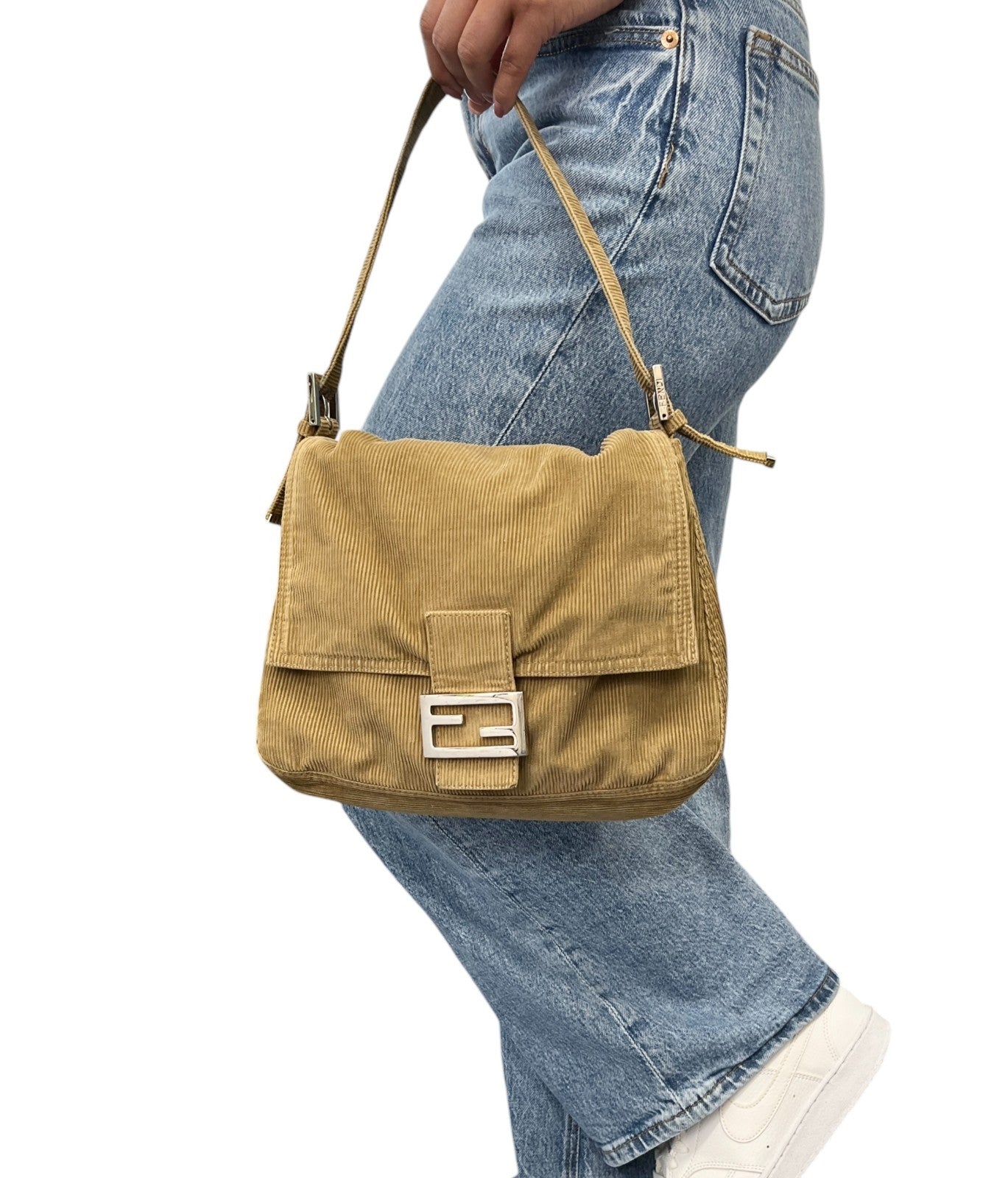 FENDI Vintage FF Logo Corduroy Mamma Baguette Shoulder Bag Light Brown Silver
