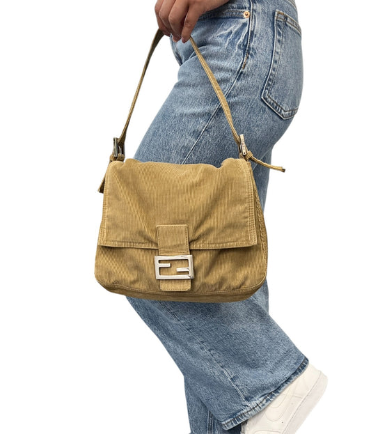 FENDI Vintage FF Logo Corduroy Mamma Baguette Shoulder Bag Light Brown Silver