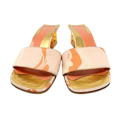 FENDI Vintage FF Logo Psychedelic Print Silk Sandals Heels #36.5 Orange 902028