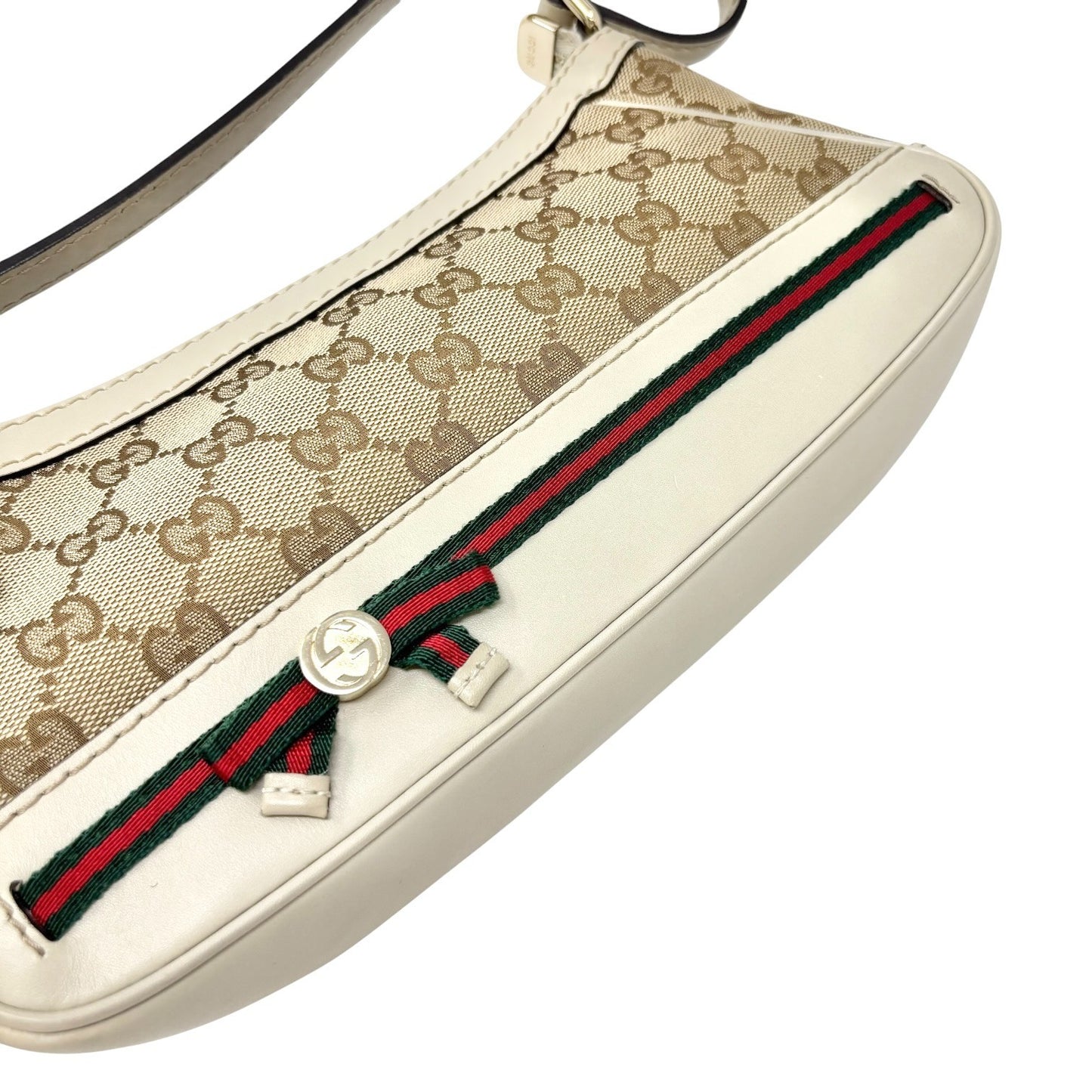 GUCCI Vintage GG Monogram Web Stripe Canvas Shoulder Bag Beige Ribbon 902570