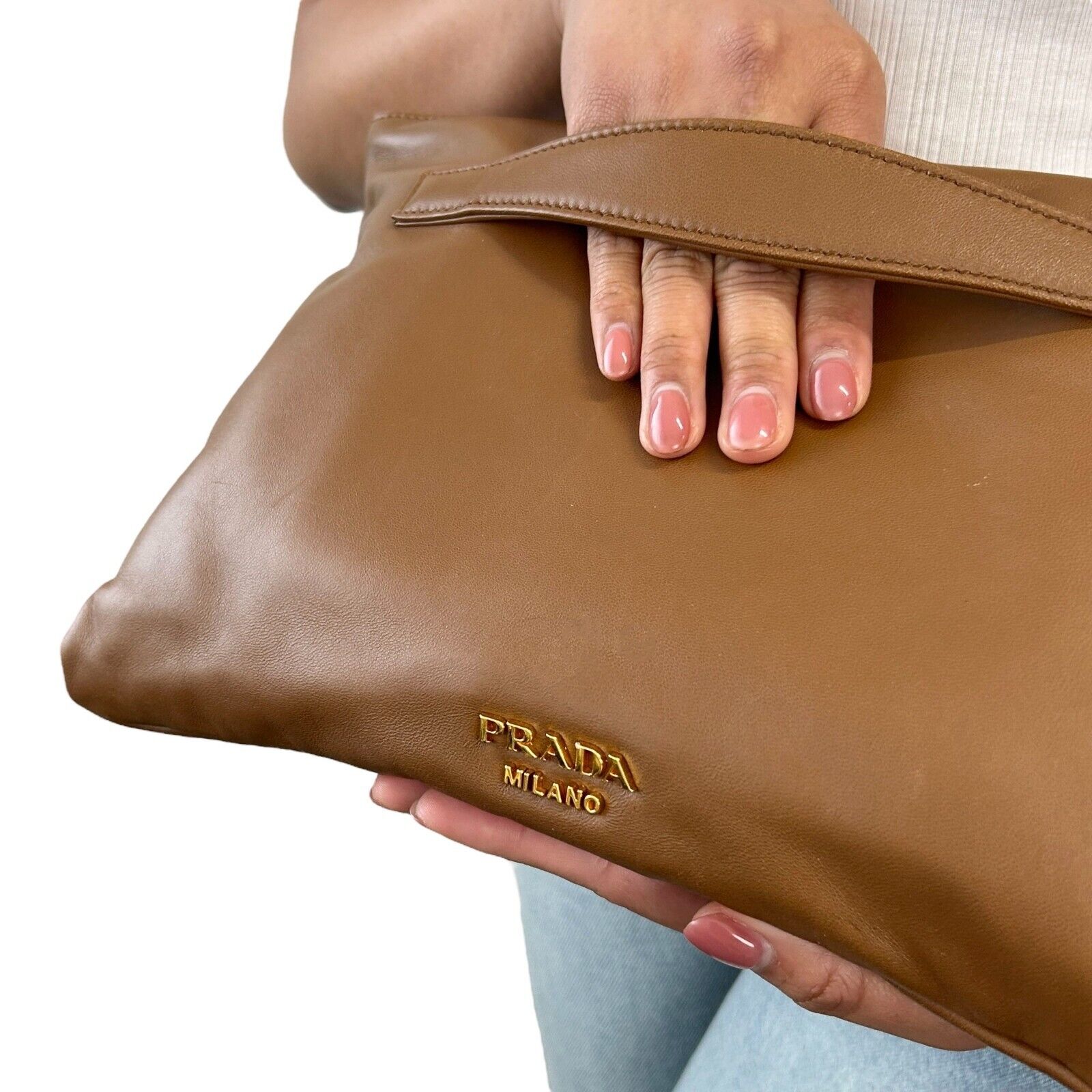 PRADA Vintage Logo Fringe Clutch Mini Bag Brown Gold Leather Zip Rank AB
