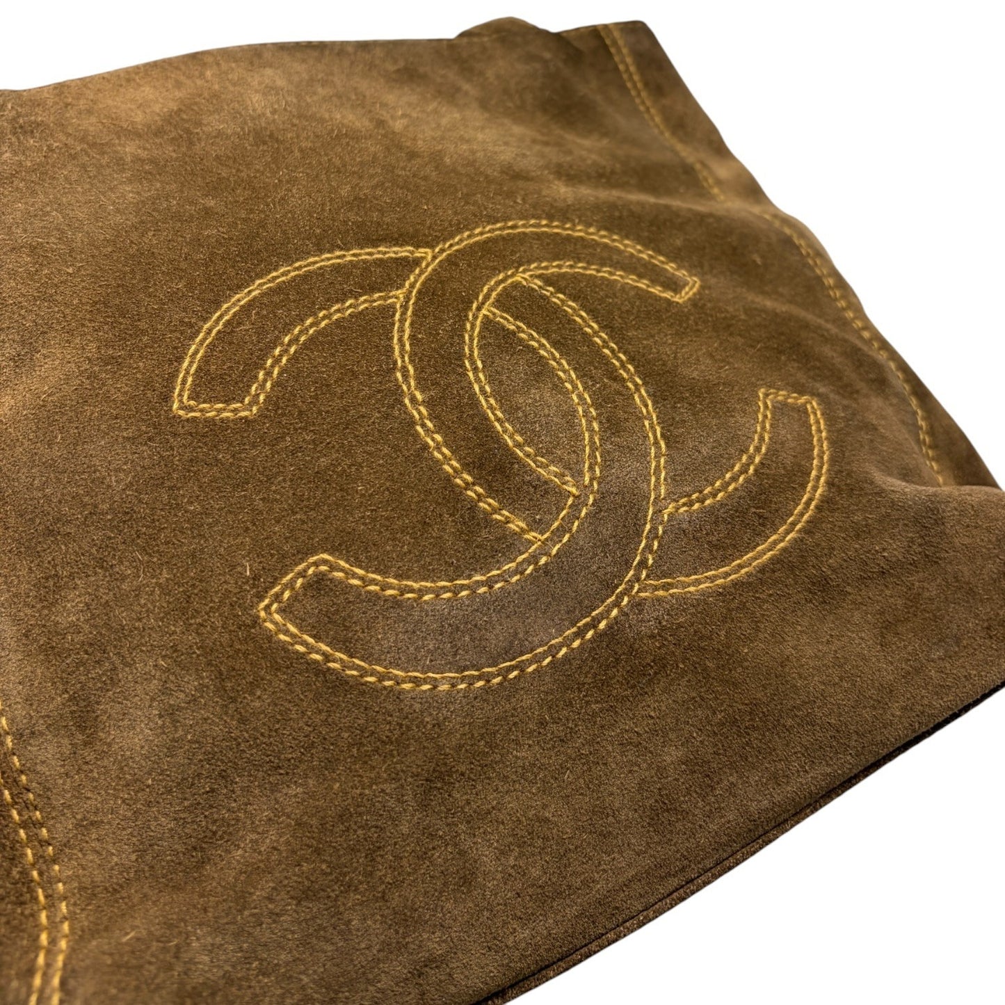 CHANEL Vintage CC Logo Stitch Suede Shoulder Tote Bag Brown Beige 902208