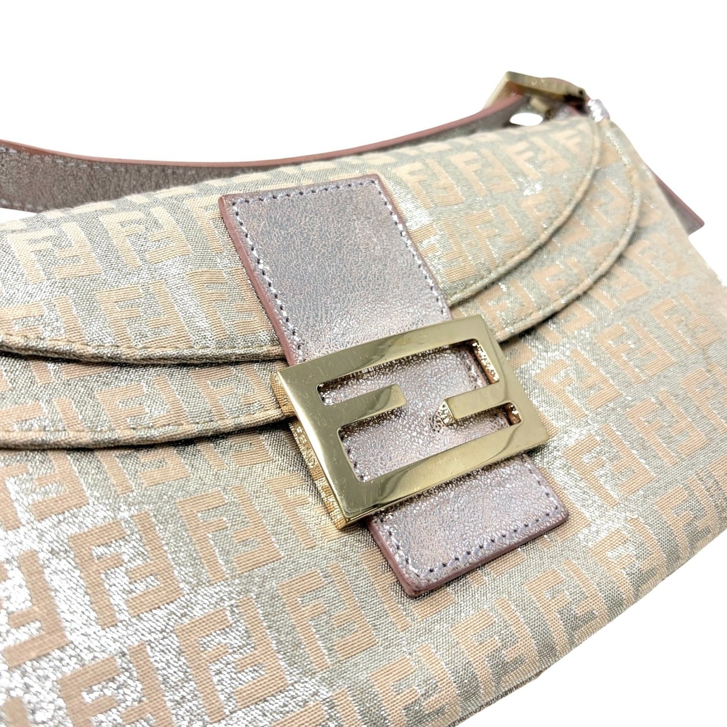 FENDI Vintage FF Logo Zucchino Mamma Baguette Glitter Shoulder Bag Pink 902262