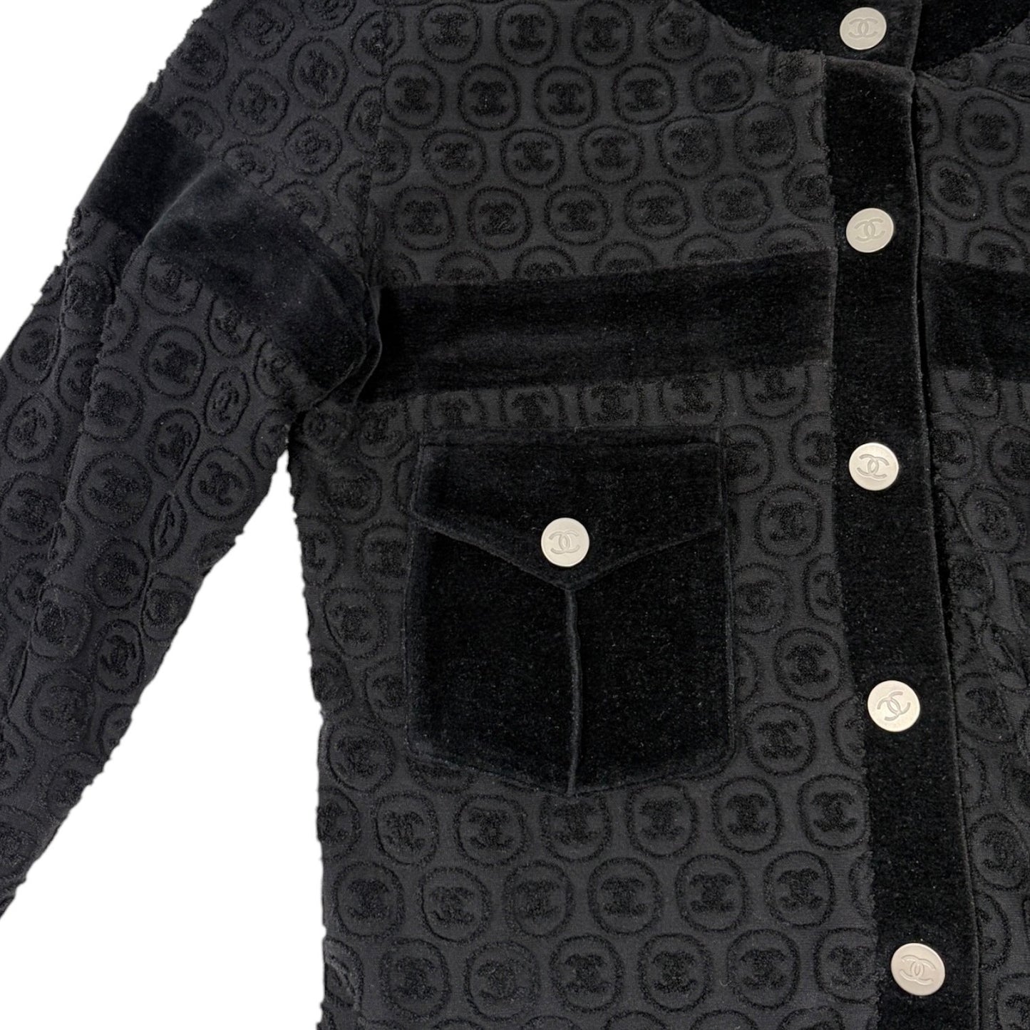 CHANEL Vintage P41364 CC Logo Button Velour Knit Cardigan Jacket #34 Black