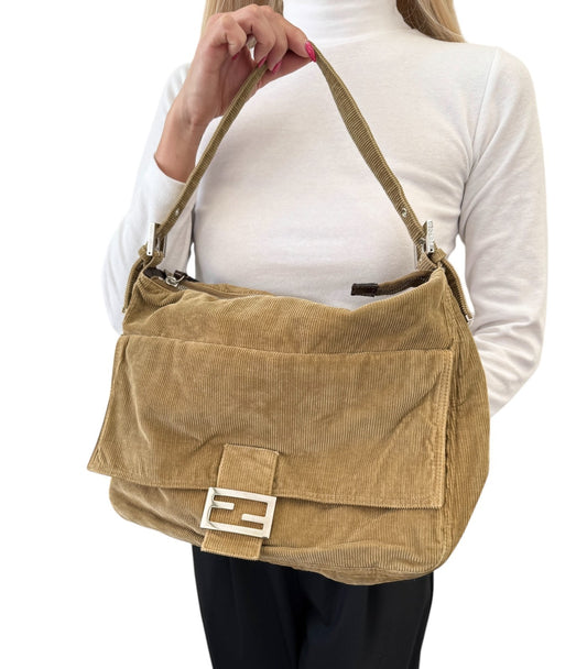 FENDI Vintage FF Logo Mamma Baguette Corduroy Shoulder Bag Beige Silver