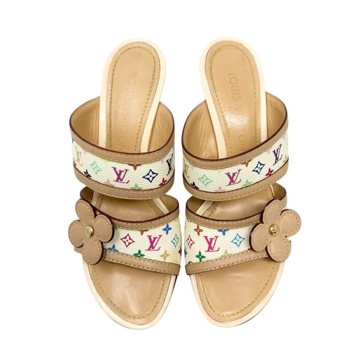 LOUIS VUITTON Vintage Monogram Multicolor Flower Sandals Heels #37 White 902030