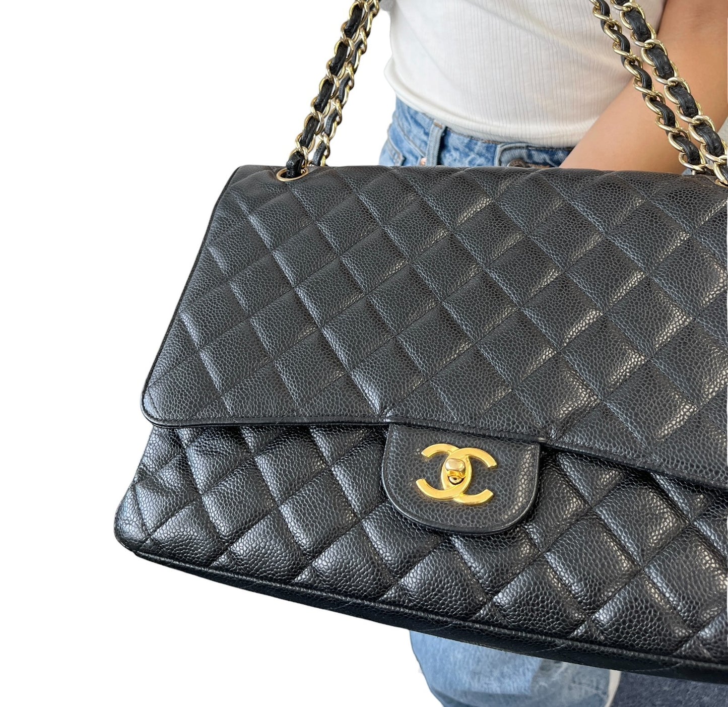 CHANEL Vintage CC Turnlock Quilted Chain Shoulder Bag Black Gold Leather 902228
