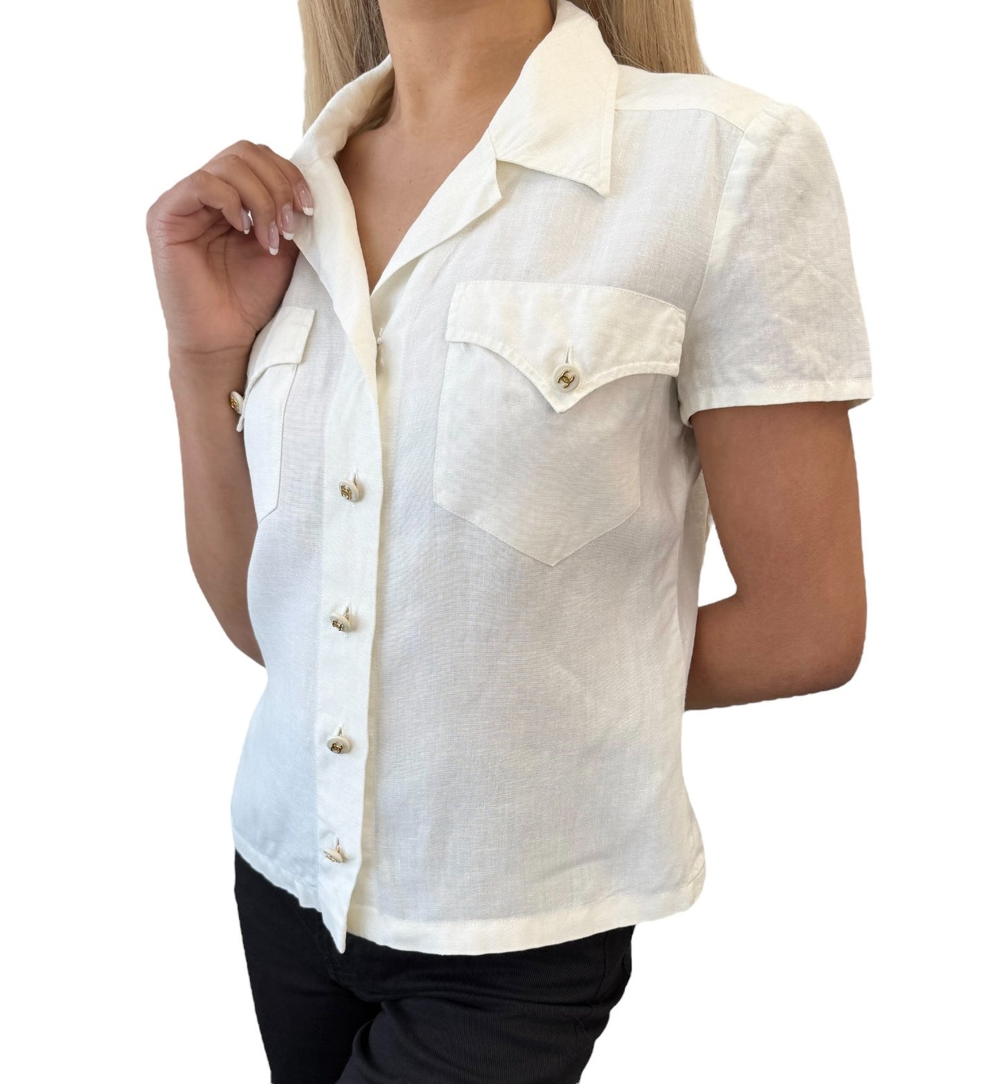 CHANEL Vintage 97P CC Logo Button Linen Shirt Top #40 Short Sleeve White Gold