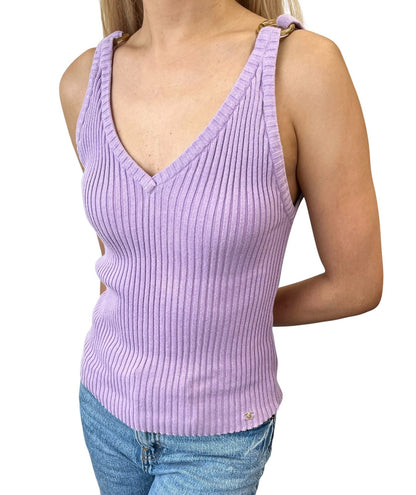 CHANEL Vintage 01C CC Gold Ring Knit Ribed Tank Camisole Top #40 Purple 902084