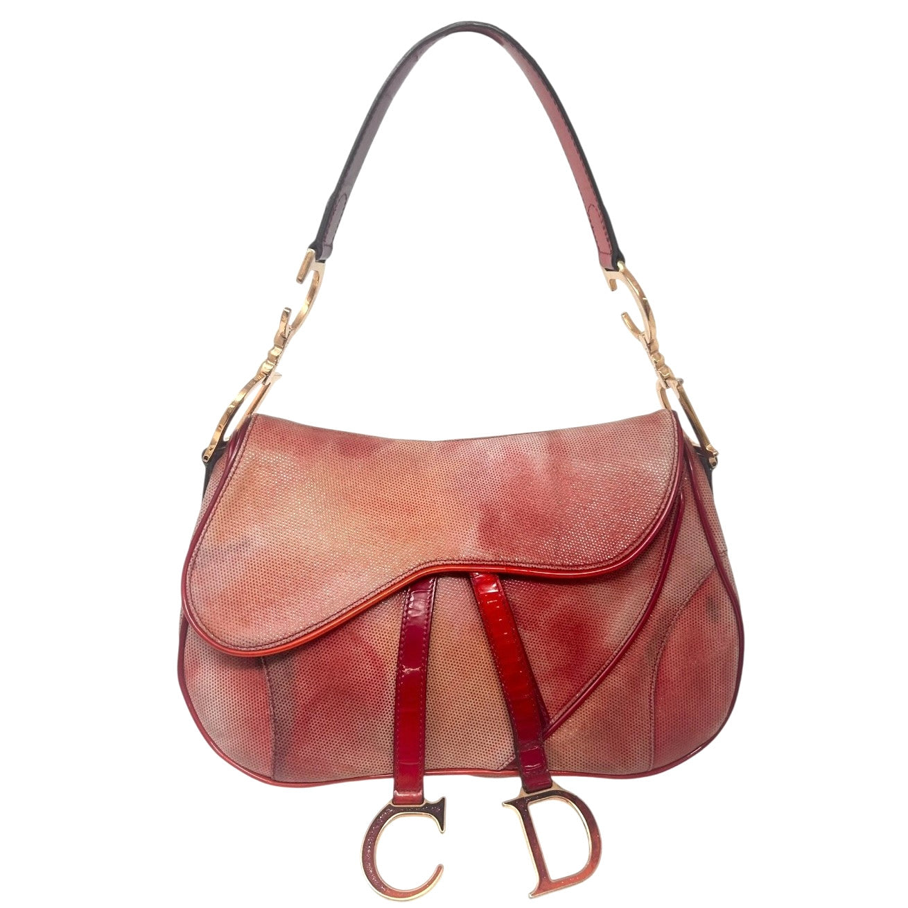 Christian Dior Vintage 2000 Double Saddle Shoulder Bag Red Gold Coated Suede