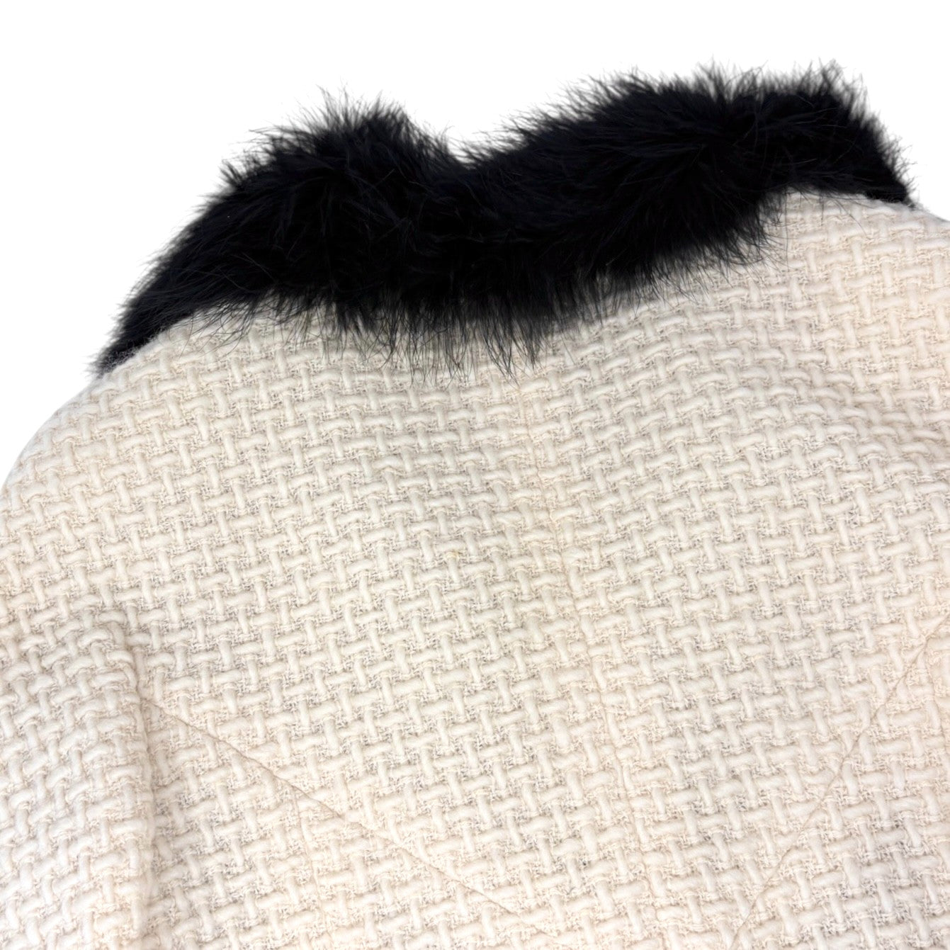 CHANEL Vintage 00A CC Logo Tweed Long Coat Fur Jacket #38 Zip Cream Black Wool