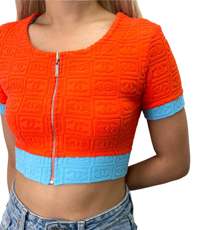 CHANEL Vintage 02S CC Logo Terry Cloth Cropped Zip Top #38 Orange Blue 902836