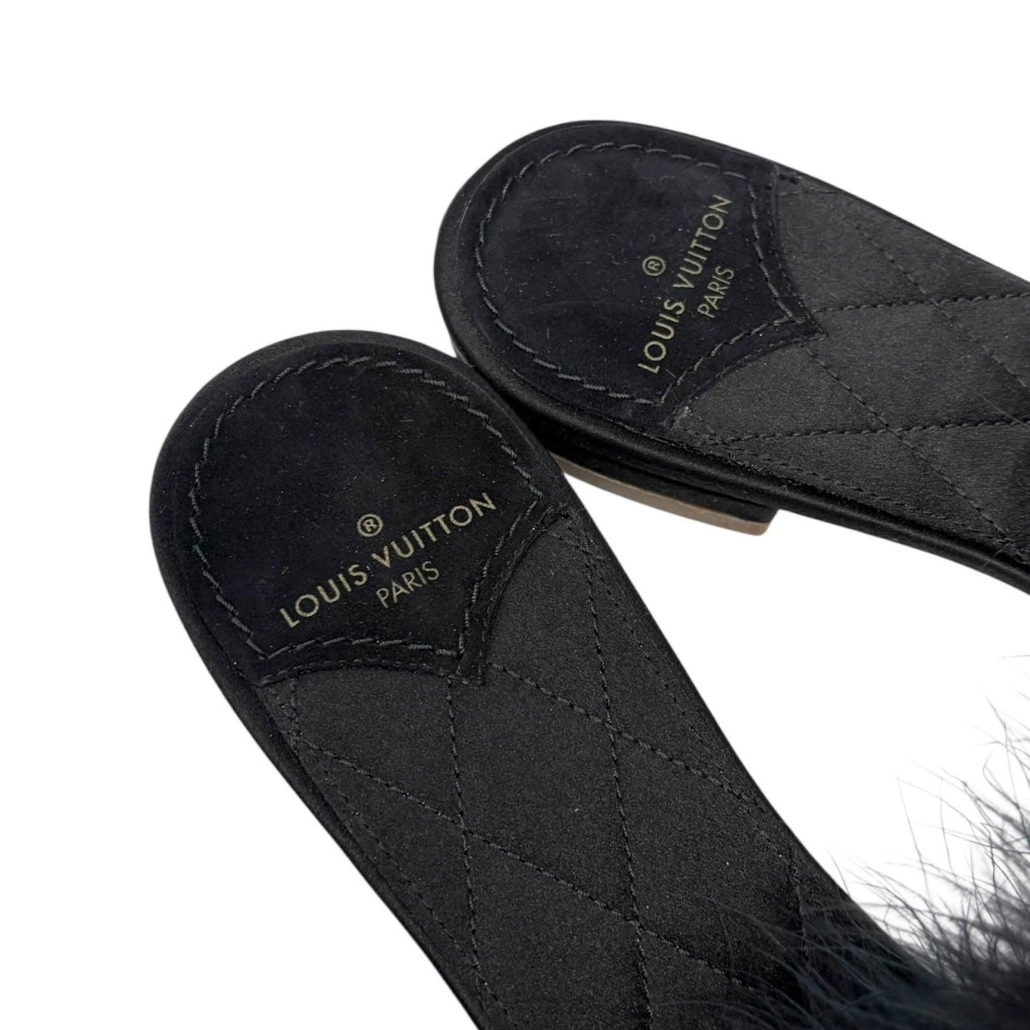 LOUIS VUITTON LV Bijou Logo Fur Flat Sandals #38 Rhinestone Black Satin